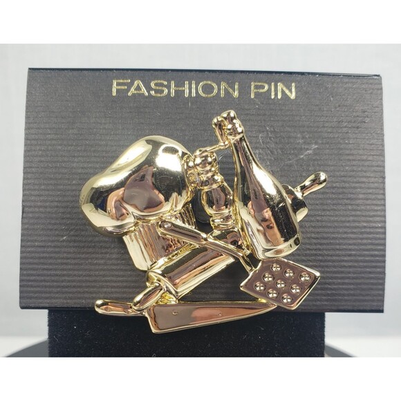 Vintage Signed AJC Culinary Chef Hat Utensils Knife Gold Tone Brooch - Picture 3 of 9